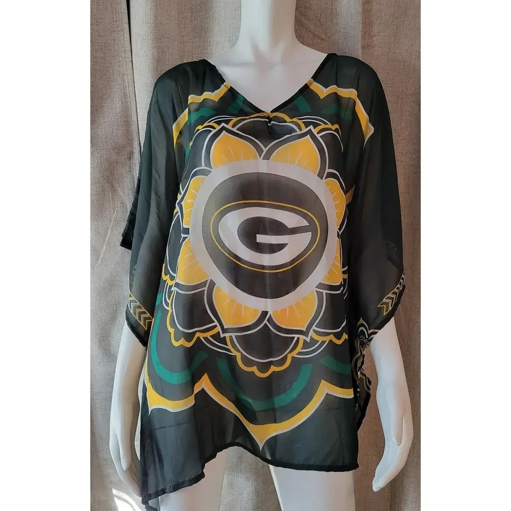 NFL Green Bay Packers Sheer Caftan Flower Design Beach Cover Up OSFA